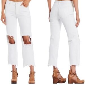 Free People Maggie Mid Rise Straight Optic White Distressed Jeans- Size 24